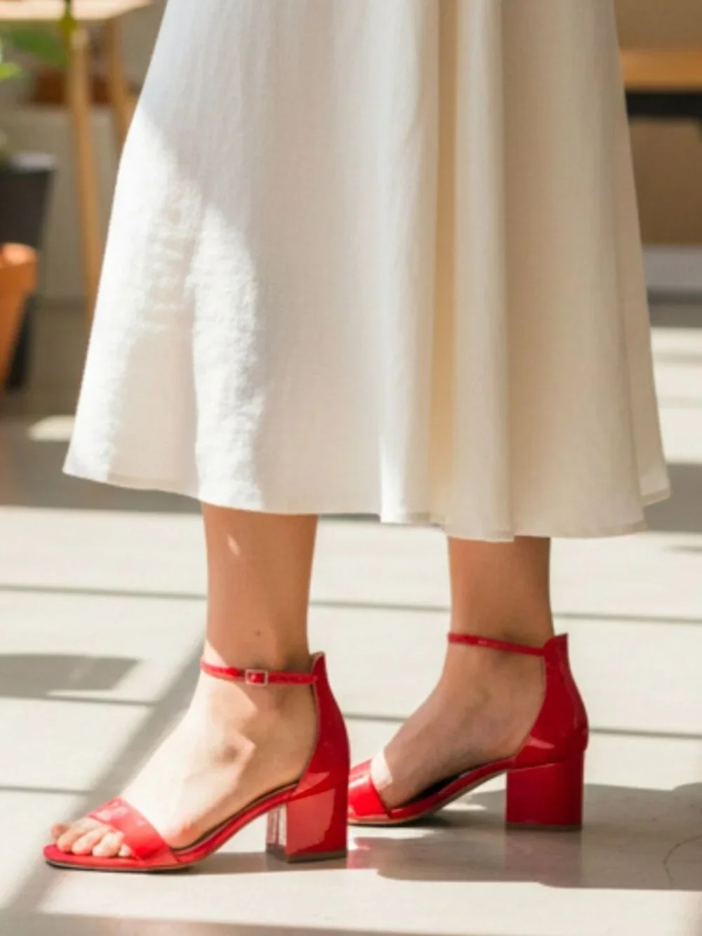 Red Patent Block Heel Sandals With Ankle Strap - Womens Dress Shoes